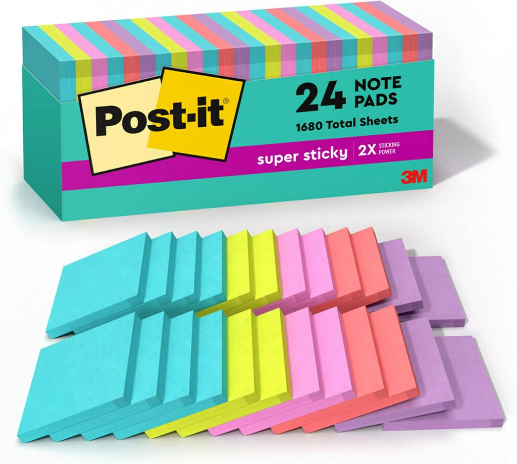 Post-it Super Sticky Notes, 24 Sticky Note Pads, 3 x 3 in