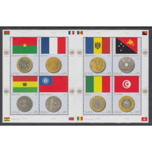 UN Geneva 469 Flags and Coins Souvenir Sheet MNH VF