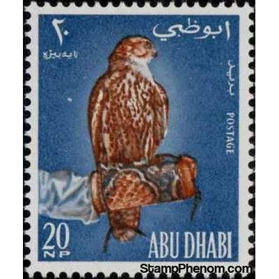 Abu Dhabi 1965 Lanner Falcon (Falco biarmicus) on gloved hand, 20np-Stamps-Abu Dhabi-Mint-StampPhenom