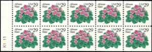 United States of America 1993 African Violet Booklet Pane of 10