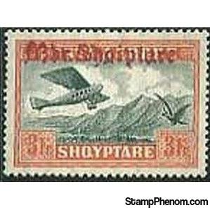 Albania 1929 Airplane Crossing Mountains, overprinted in red brown, 3f-Stamps-Albania-StampPhenom