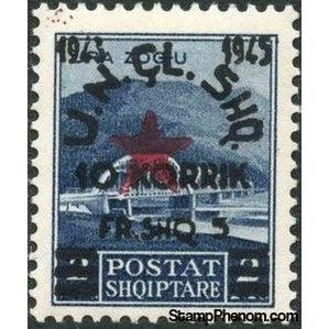 Albania 1945 Ahmed Zog Bridge surcharged in black and carmine, 5f-Stamps-Albania-StampPhenom