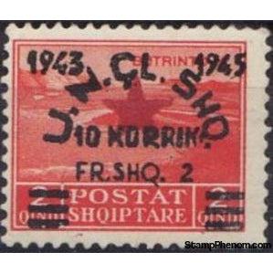 Albania 1945 Lake Butrinto surcharged in black and carmine, 2f-Stamps-Albania-StampPhenom