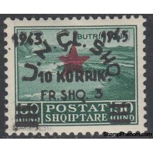 Albania 1945 Lake Butrinto surcharged in black and carmine, 3f-Stamps-Albania-StampPhenom