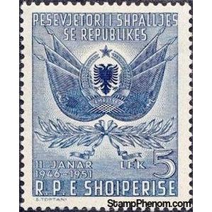 Albania 1951 Coat of Arms, Flags, 5L-Stamps-Albania-StampPhenom