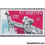 Albania 1966 Banner, man and woman holding gun and axe-Stamps-Albania-StampPhenom