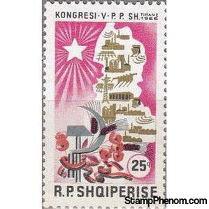 Albania 1966 Map of Albania, hammer and sickle, agriculture and industry-Stamps-Albania-StampPhenom