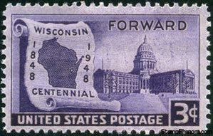 United States of America 1948 Centennial Wisconsin Statehood, Map on Scroll and Capital