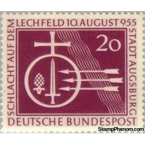 Germany 1955 Orb with sword and pine cones, 3 arrows, stylized river cour-Stamps-Germany-Mint-StampPhenom