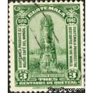 Guatemala 1942 Mayan Stele at QuiriguÃ¡ - inscr. 1942 (green)-Stamps-Guatemala-Mint-StampPhenom