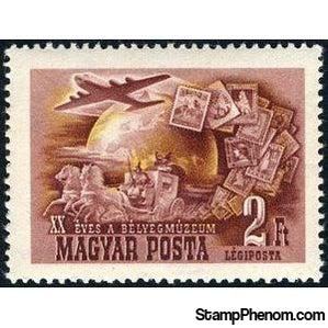 Hungary 1950 Aircraft, mail coach and stamps in front of globe-Stamps-Hungary-StampPhenom