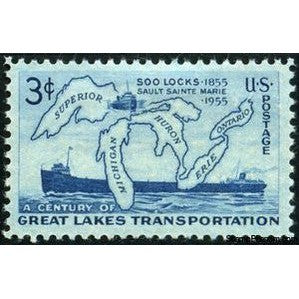 United States of America 1955 Map of Great Lakes and Two Steamers