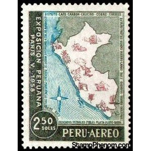 Peru 1958 Map of Peru showing national products-Peru-StampPhenom