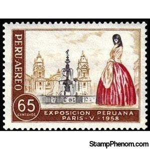 Peru 1958 Lima Cathedral and Woman in traditional Costume-Peru-StampPhenom