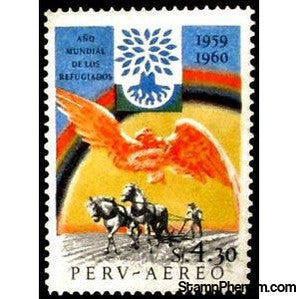 Peru 1960 Ploughing farmer, sign of the World Refugee Year-Peru-StampPhenom