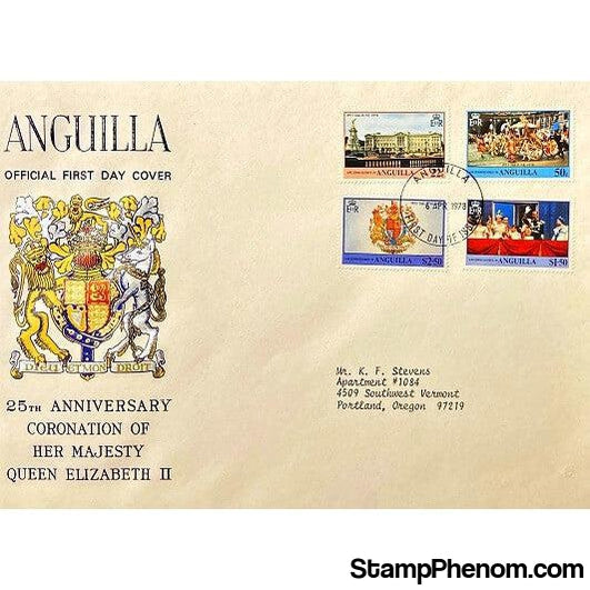 Queen Elizabeth II 25th Anniversary Coronation First Day Cover, Anguilla, April 6, 1978-StampPhenom