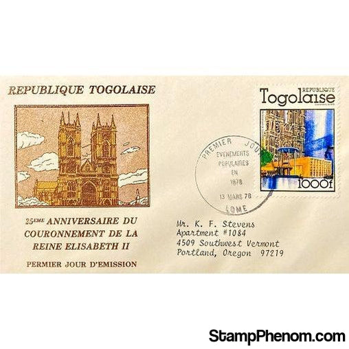 Queen Elizabeth II 25th Anniversary Coronation First Day Cover, Togo, March 13, 1978-StampPhenom