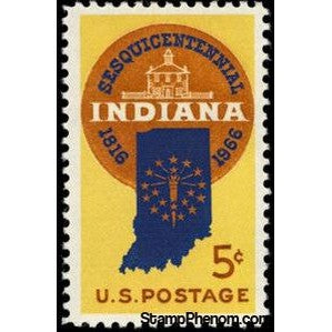 United States of America 1966 Sesquicentennial Seal, Map of Indiana with Stars & Old Capit