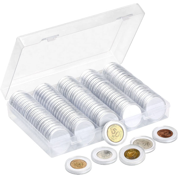 100 Pieces 30mm Coin Capsules and 5 Sizes Protect Gasket Coin Holder Case with Plastic Storage Organizer Box for Coin Collection Supplies