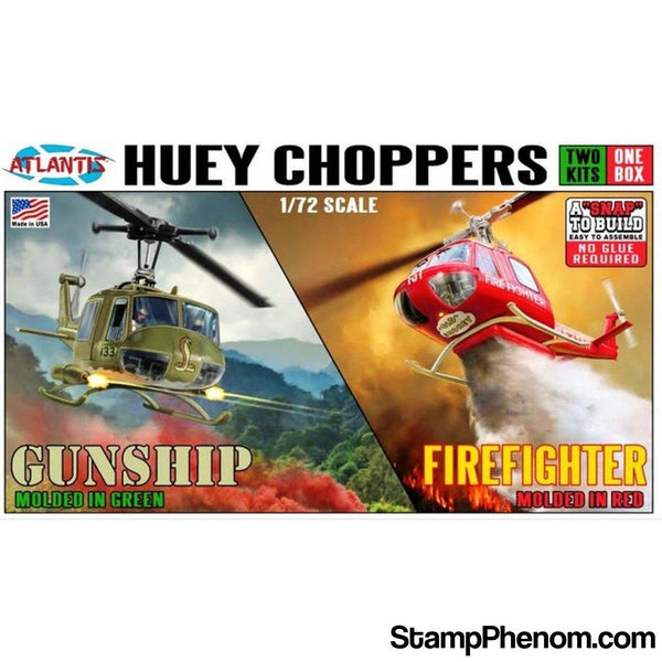 Atlantis - Huey Choppers (2): US Army Gunship & Firefighter Helicopter (Snap) 1:72-Model Kits-Atlantis-StampPhenom