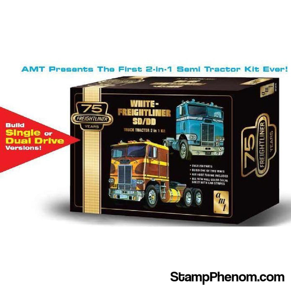 AMT - White Freightliner SD/DD Truck Tractor 2 in 1 Kit with Display Base "75th Freightliner Anniversary" Commemorative Edition 1:25-Model Kits-AMT-StampPhenom