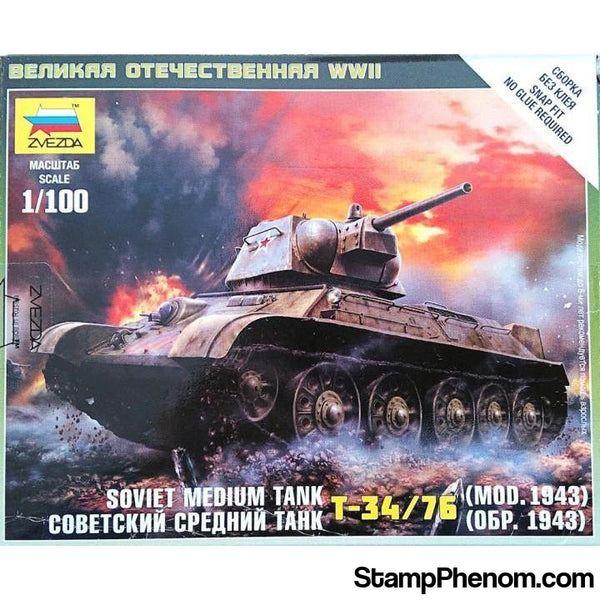 Zvezda - WWII Soviet T-34/76 Mod.1943 Medium Tank (Snap Kit) 1:100-Model Kits-ZveZda-StampPhenom